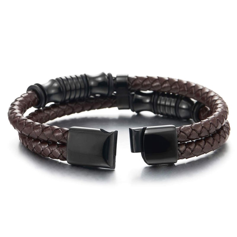 COOLSTEELANDBEYOND Mens Double-Row Brown Braided Leather Bracelet Bangle Wristband with Black Stainless Steel Ornaments - Image 3