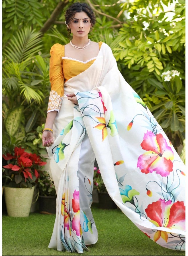 Women Cotton Hand Painted Floral Designer Saree, White with Yellow Blouse, Multicolour Print - Image 3