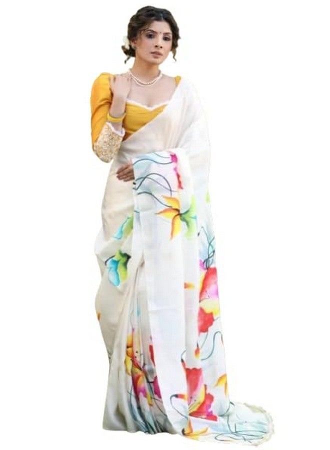 Women Cotton Hand Painted Floral Designer Saree, White with Yellow Blouse, Multicolour Print - Image 1