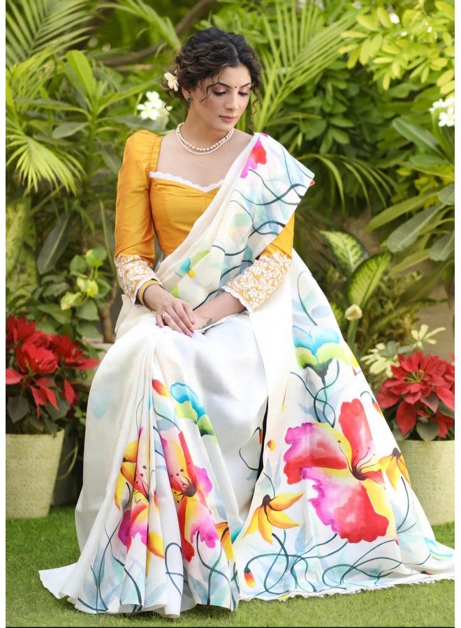 Women Cotton Hand Painted Floral Designer Saree, White with Yellow Blouse, Multicolour Print - Image 2
