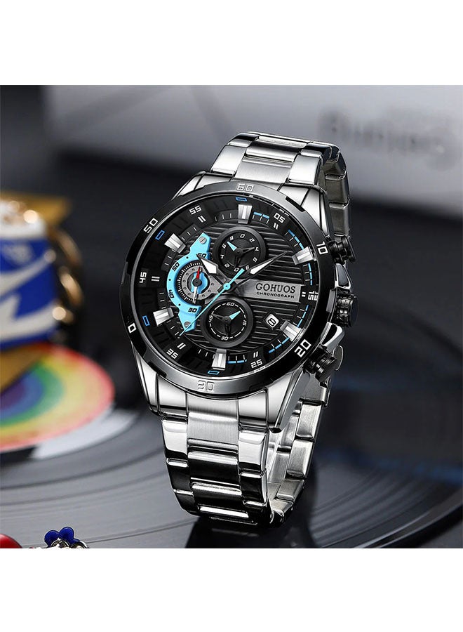 جوهوس ساعات من الفولاذ المقاوم للصدأ للرجال مبتكرة وعصرية بمينا مضيئة مع كرونوغراف ساعات يد رجالية غير رسمية - 47 مم - فضية - Image 2