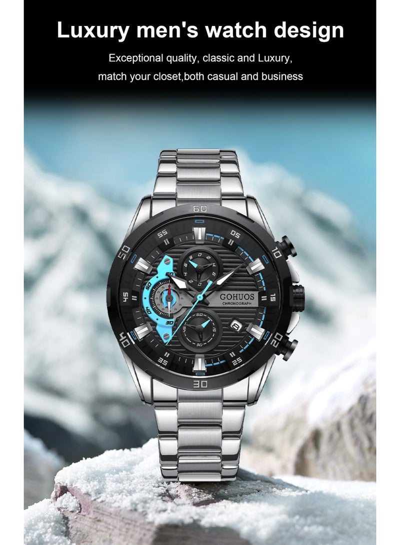 جوهوس ساعات من الفولاذ المقاوم للصدأ للرجال مبتكرة وعصرية بمينا مضيئة مع كرونوغراف ساعات يد رجالية غير رسمية - 47 مم - فضية - Image 4