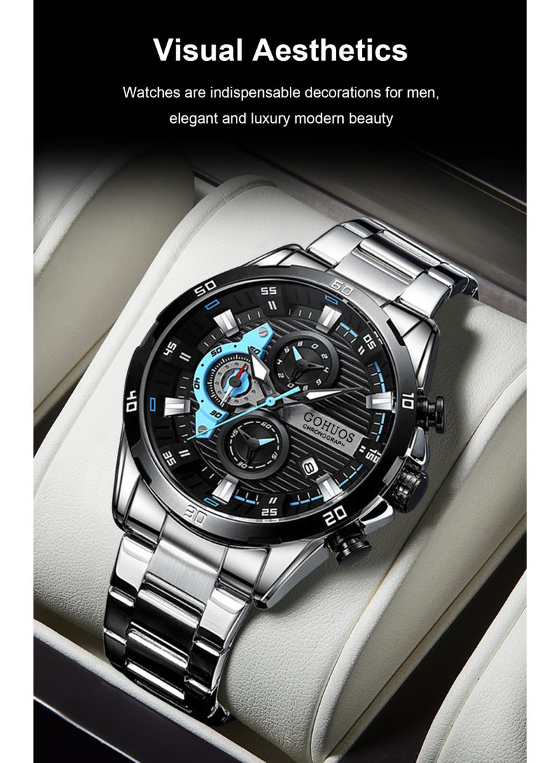 جوهوس ساعات من الفولاذ المقاوم للصدأ للرجال مبتكرة وعصرية بمينا مضيئة مع كرونوغراف ساعات يد رجالية غير رسمية - 47 مم - فضية - Image 5