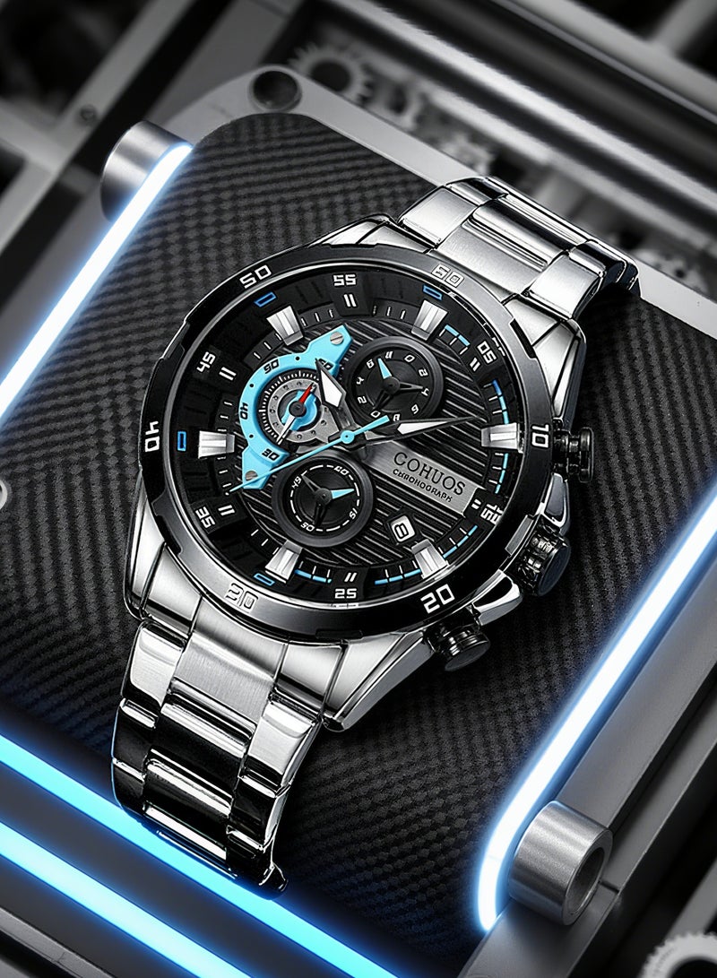 جوهوس ساعات من الفولاذ المقاوم للصدأ للرجال مبتكرة وعصرية بمينا مضيئة مع كرونوغراف ساعات يد رجالية غير رسمية - 47 مم - فضية - Image 1