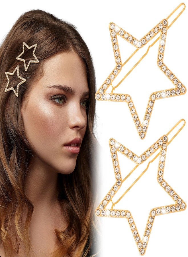 Mxxipp 2pcs Star Hair Pin for Women, Sparkly Rhinestone Crystal Hairstyle Bang Clips, Non-Slip Hollow Barrette Accessories for Long Short Straight Curly Hair- Gold - Image 1