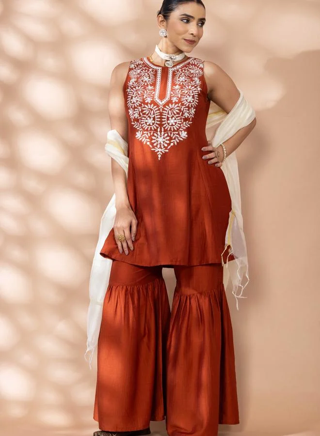 Winered Rust Flared Kurta, Sharara And Dupatta Set