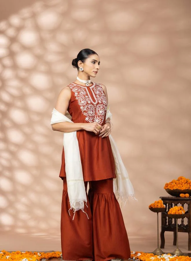 Winered Rust Flared Kurta, Sharara And Dupatta Set