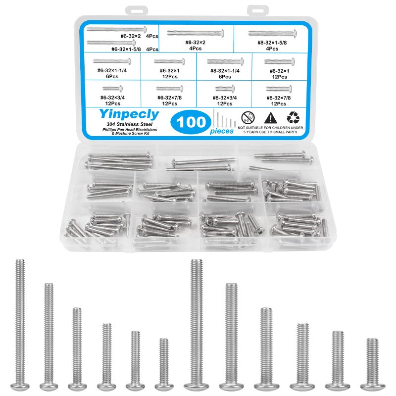 Yinpecly 100 PCS Machine Screws, #6-32#8-32 Phillips Pan Head Electricians Screw 304 Stainless Steel Screws for Electrical Wall Plate Switch, Receptacles Mounting Screws - Image 1
