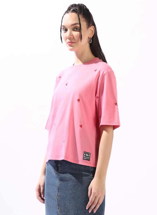 Hubberholme Women's Pink 100% Cotton Embroidered Oversized T-Shirt - Image 3