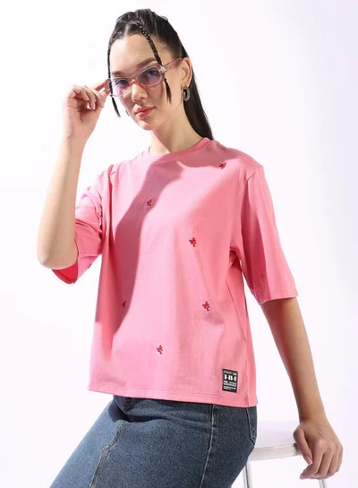 Hubberholme Women's Pink 100% Cotton Embroidered Oversized T-Shirt