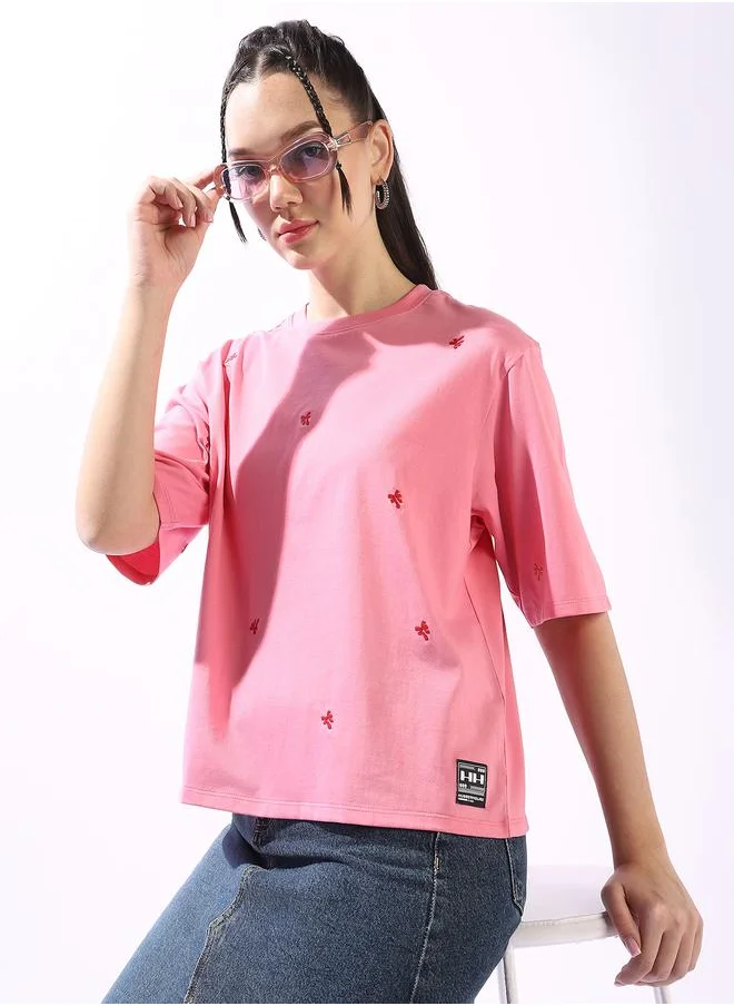 هوبرهولمي Women's Pink 100% Cotton Embroidered Oversized T-Shirt