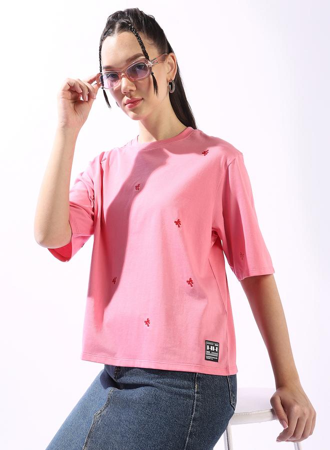 Hubberholme Women's Pink 100% Cotton Embroidered Oversized T-Shirt - Image 1
