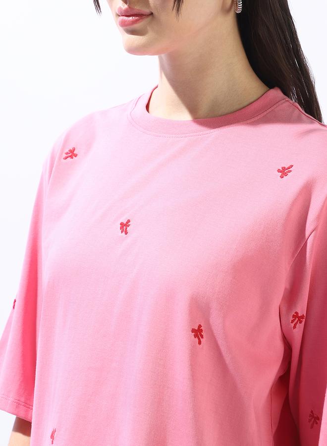 Hubberholme Women's Pink 100% Cotton Embroidered Oversized T-Shirt - Image 5