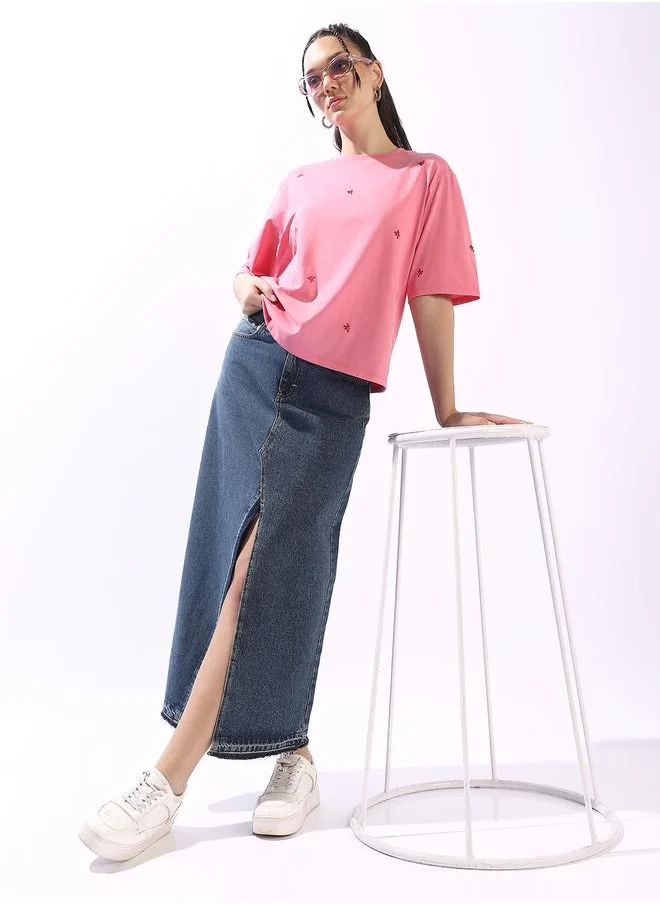 هوبرهولمي Women's Pink 100% Cotton Embroidered Oversized T-Shirt