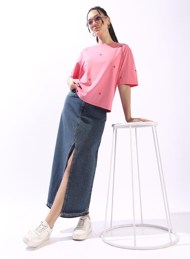Hubberholme Women's Pink 100% Cotton Embroidered Oversized T-Shirt - Image 2