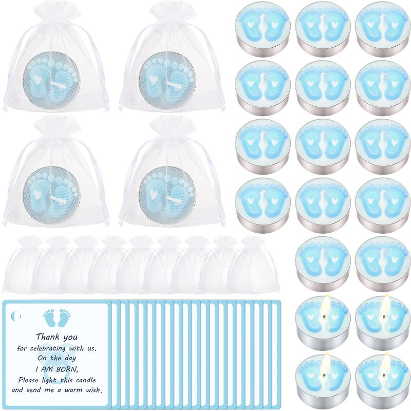 Treela 20 Sets Baby Shower Party Favors Blue Tea Lights Candles with Organza Bag for Guests Cute Feet Shaped Burning Thank You Tags Return Gifts Keepsakes for Baby Shower Gender Reveal Party