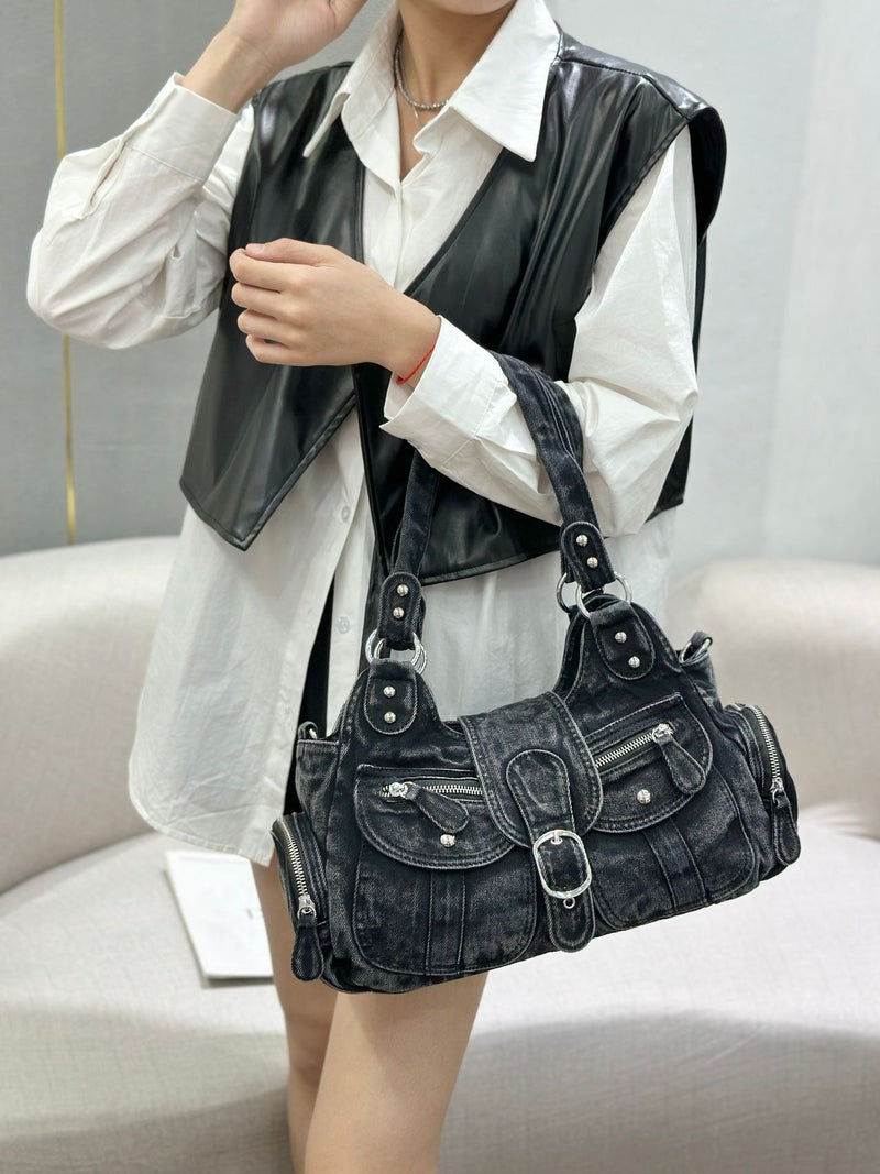 25 New Fashion Retro Denim Underarm Bags Large Capacity Denim Washed Tote Girl Handheld Crossbody Bag - Image 4