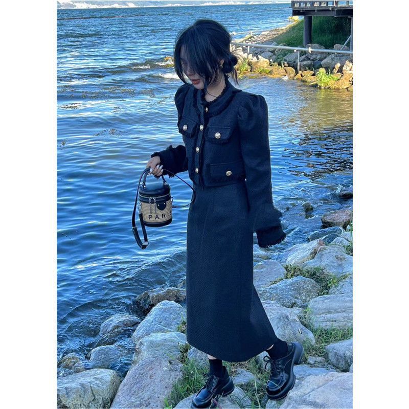 French Chic Puff Sleeve Fringe Coat A-line Midi Skirt Set Black coat dress two-piece [high quality]]