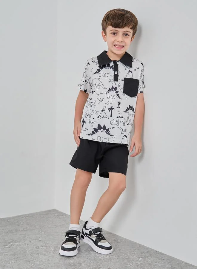 تايك تو Take Two Dinosaur Print Polo T-Shirt and Shorts Set
