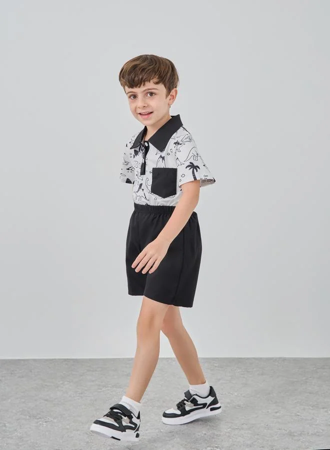 تايك تو Take Two Dinosaur Print Polo T-Shirt and Shorts Set