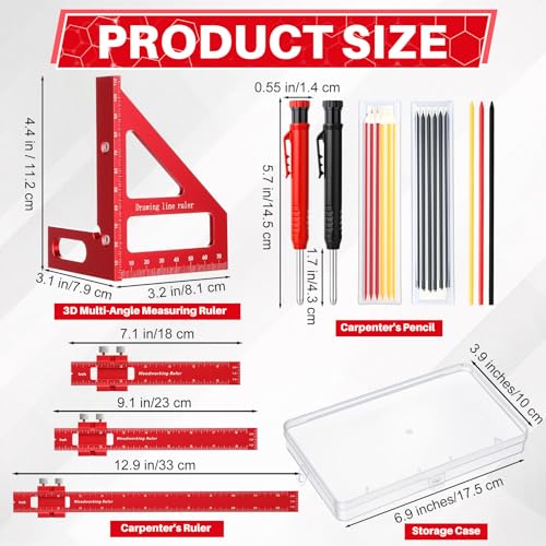 Relaxweex 32 Pack Woodworking Ruler Precision Metal Slide Rule 3D Multi-Angle Measuring Ruler Miter Triangle Rule and Mechanical Carpenter Pencils with Sharpener for Carpenters Craftsmen Builders - Image 2