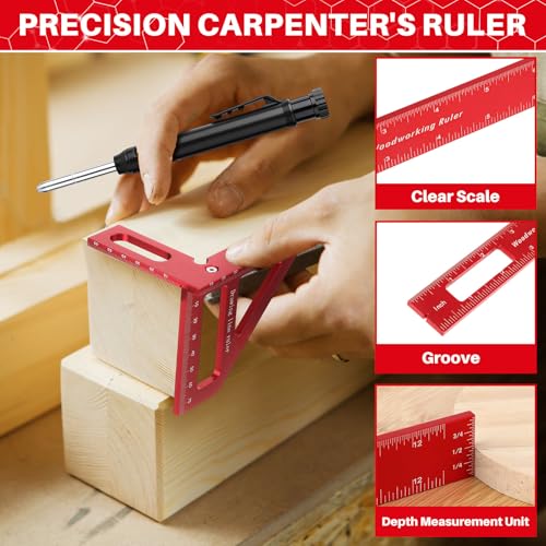 Relaxweex 32 Pack Woodworking Ruler Precision Metal Slide Rule 3D Multi-Angle Measuring Ruler Miter Triangle Rule and Mechanical Carpenter Pencils with Sharpener for Carpenters Craftsmen Builders - Image 3