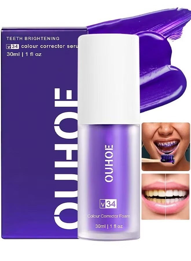 OUHOE Teeth Color Corrector Serum, Purple Teeth Brightening Toothpaste, Remove Stains, Teeth Brightening Purple Toothpaste, Remove Coffee, Stains, Yellow Teeth (30ML) - Image 1