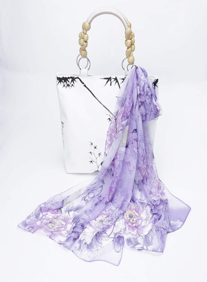 E-Clover Herebuy - Unique Women's Floral Scarves: Chiffon Flowers & Birds Printed Scarf Wedding Party Shawl Wrap Dating Gift Purple Yellow Mothers Day Gift - Image 4