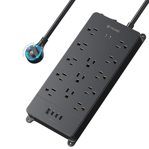 TROND 360° Rotating Flat Plug, Surge Protector Power Strip, 13AC Widely Spaced Outlets Expansion with 3 USB C Ports, 4000J, 5ft Extension Cord Heavy Duty, Wall Mount, Under Desk, ETL Listed, Black - Image 1