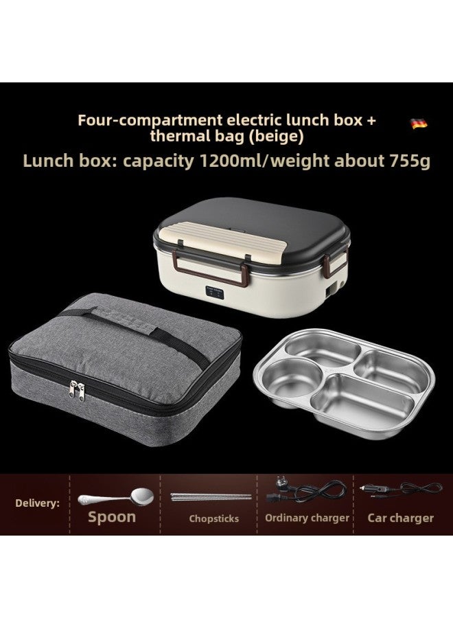 Electric Lunch Box Water Injection-free Heating Plug-in Electric Car Insulation Large Capacity Food Separated Hot Lunch Box-Specifications:(Creamy-white) Electric Lunch Box Four Grids/insulation Bag * With Spoon - Image 1