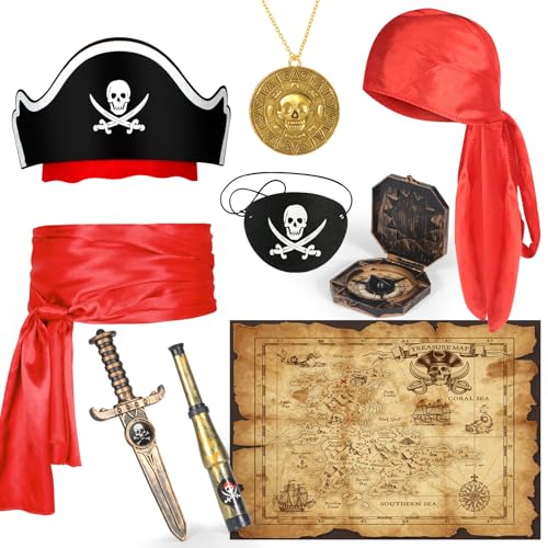 HUITEM 9 PCS Pirate Accessories Set Pirate Costume Accessories With Hat Head Scarf Sash Belt Eye Patches Swords Map Necklace for Halloween Party Favors Supplies Toys - Image 1