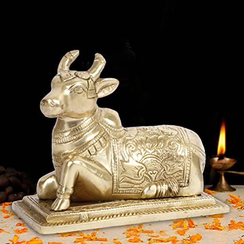 ARTVARKO Brass Nandi Cow Spiritual Vastu Shiva Nandi Pooja Figurine Sculpture, Kamdhenu Bull for Religious Puja and Home Office Temple Decoration Showpiece 5.5 Inch - Image 1