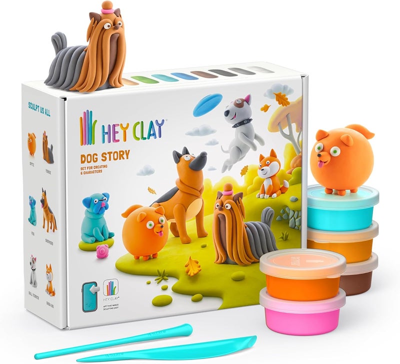 HEY CLAY - DOG STORY Colourful modelling air-dry clay, 15 cans with fun interactive app for kids 3 years + - Image 1