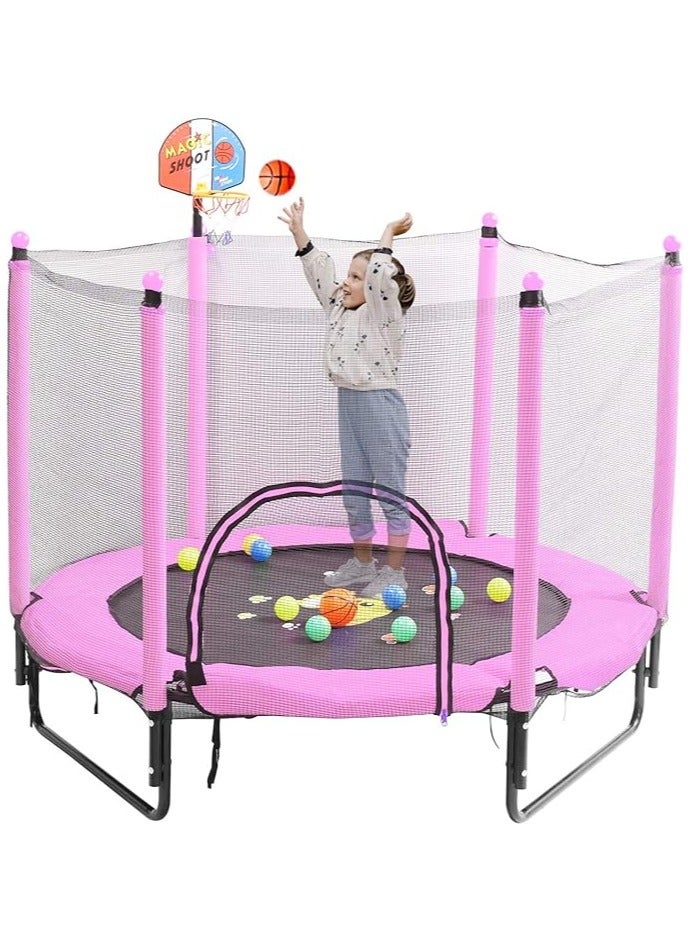 Generic Trampoline for Kids 5 FT Indoor Outdoor Toddler Trampoline Bulit-in Zipper Heavy Duty Steel Frame with Basketball Hoop, Rubber Ball and Safety Net (Pink) - Image 1