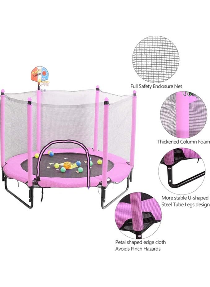 Generic Trampoline for Kids 5 FT Indoor Outdoor Toddler Trampoline Bulit-in Zipper Heavy Duty Steel Frame with Basketball Hoop, Rubber Ball and Safety Net (Pink) - Image 2