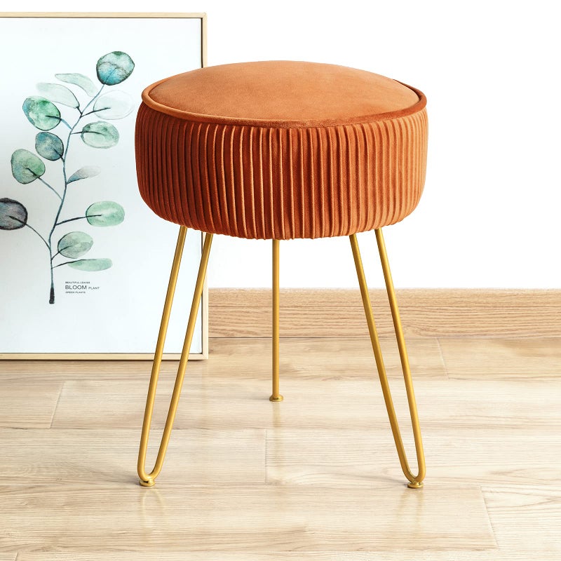LUE BONA LUE BONA Pleated Vanity Stool Velvet Upholstered Vanity Stool for Makeup Room Round Mondern Stool for Vanity Ottoman Footrest Stool with Metal Legs for Living Room Bedroom Pumpkin Brown 