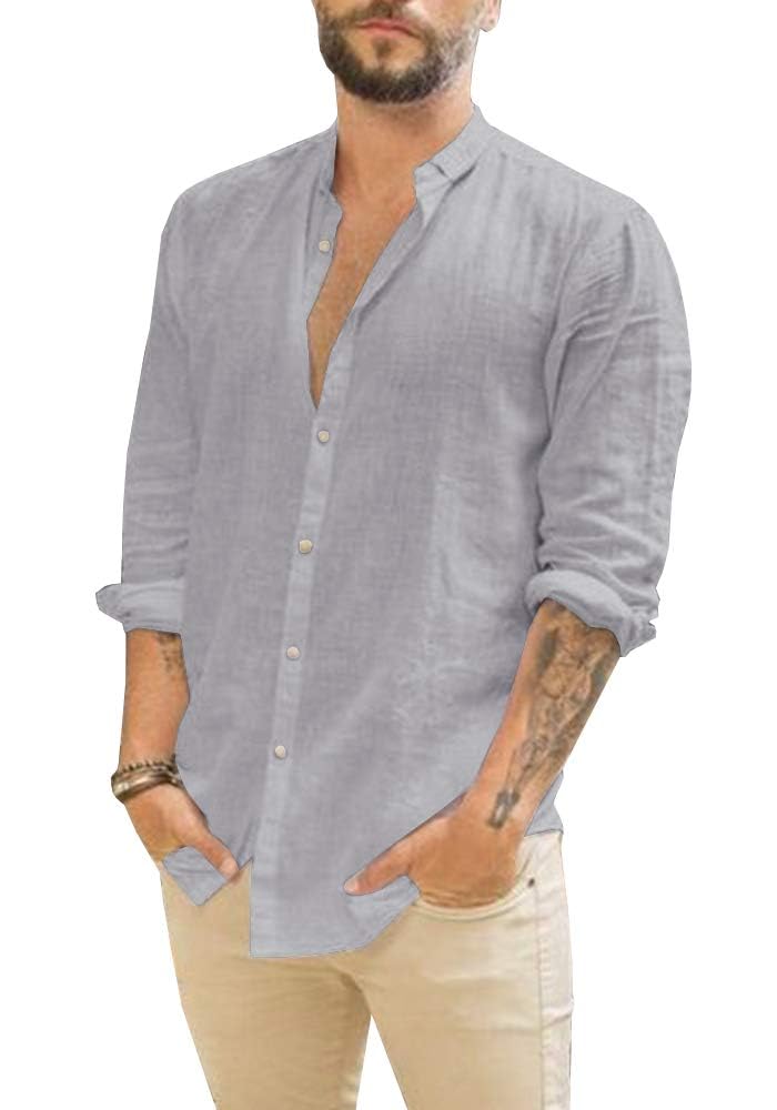 Makkrom Men Linen Shirt Button Down Long Sleeve Cotton Beach Band Collar Casual Summer Shirts - Image 1
