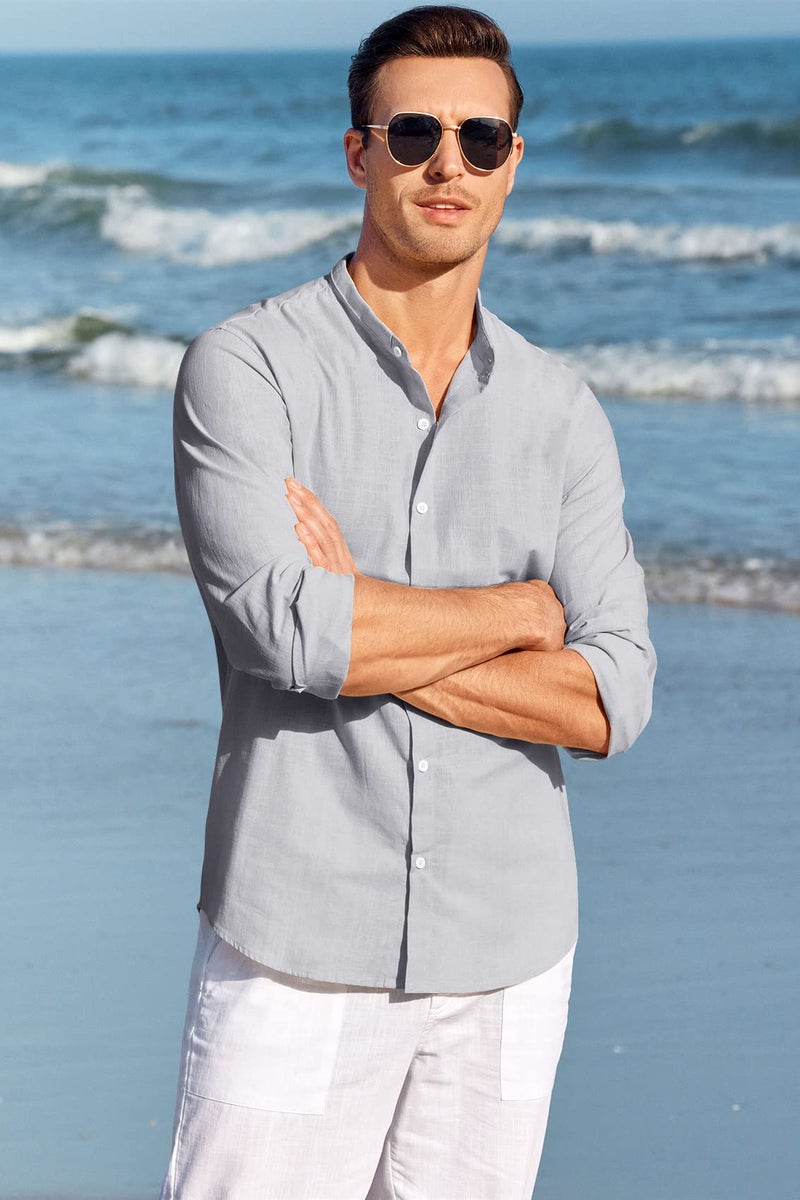 Makkrom Men Linen Shirt Button Down Long Sleeve Cotton Beach Band Collar Casual Summer Shirts - Image 2
