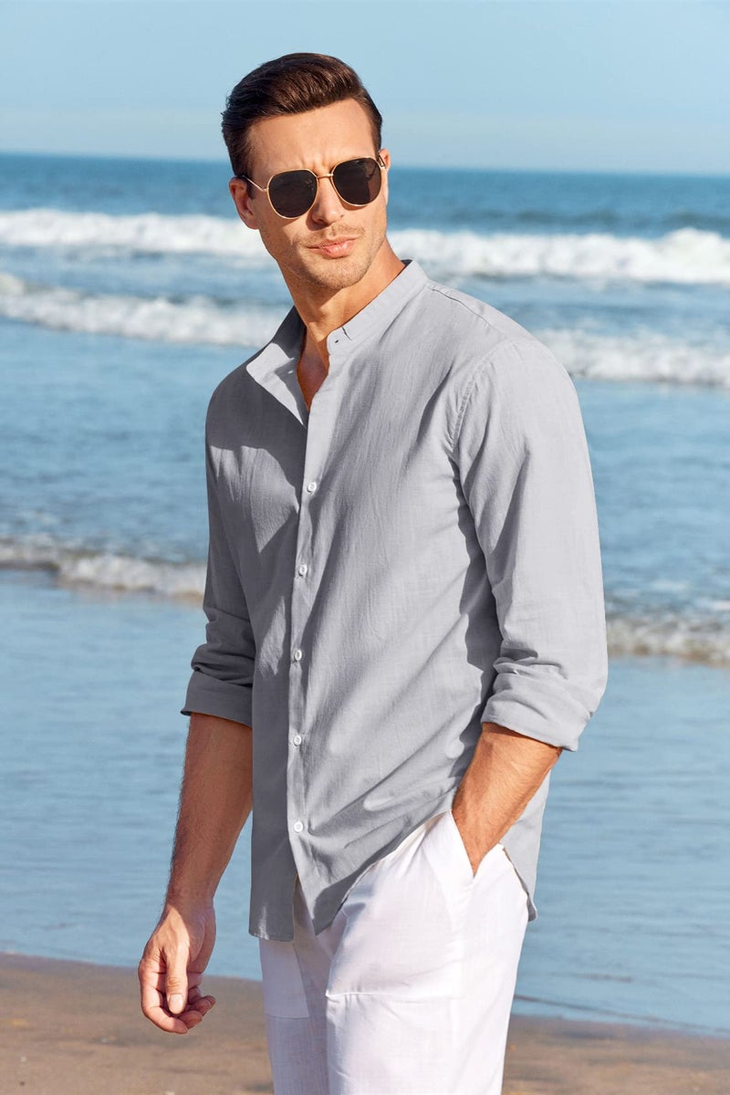 Makkrom Men Linen Shirt Button Down Long Sleeve Cotton Beach Band Collar Casual Summer Shirts - Image 5