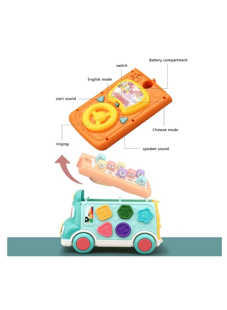 Music Activity Bus Baby Toy, Infant Education Learn Car, Sound and Light,Interactive Game,Shape Sorter,Animal Matching, Holiday Birthday Gift for Toddler Kid Boy Girl Blue - Image 1