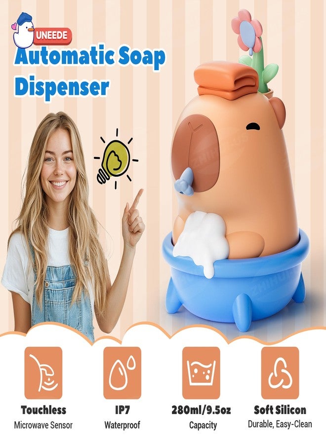 UNEEDE Capybara Hand Soap Dispenser, Automatic Touchless Foaming with Advanced Sensor, IP7 Waterproof, Portable & Wall Mount Rechargeable, 9.5oz/280ml, Cute Soft Silicone for Bathroom, Decor Gifts - Image 2