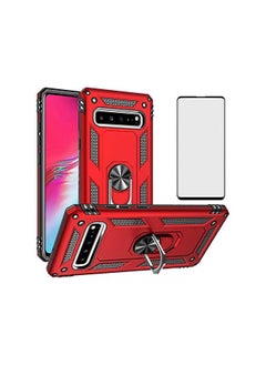 Phone Case For Samsung Galaxy S10 5G With Tempered Glass Screen Protector Cover And Stand Ring Magnetic Rugged Metal Silicone Rubber Holder Hard Shockproof Heavy Duty Accessories S105G 10S G5 Red