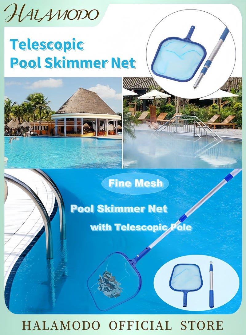 HALAMODO Telescopic Pool Skimmer Net with Pole Heavy Duty Leaf Rake Mesh Net for Pool Cleaning Spa Hot Tub Pond Fine Mesh Debris Catcher Extendable Handle Pool Net Skimmer Tool  - Image 1