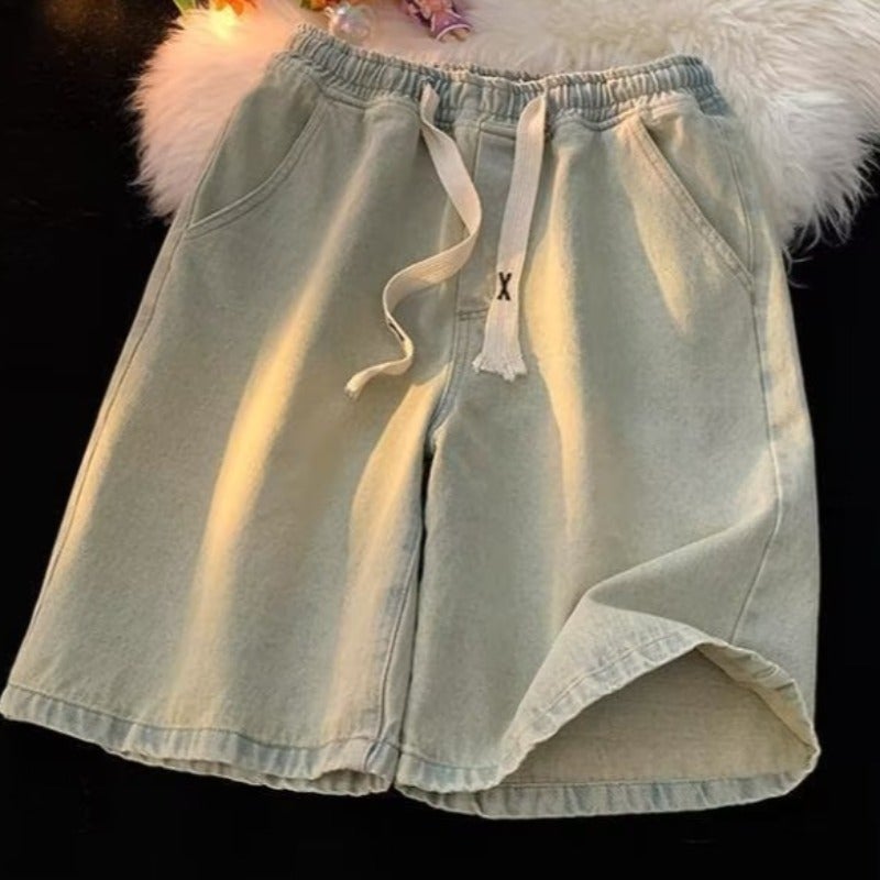 Drawstring Denim Shorts Mens Summer Thin Trendy Brand Casual Mid-length Pants American Style Retro Straight Loose All-match Shorts yellow mud color 