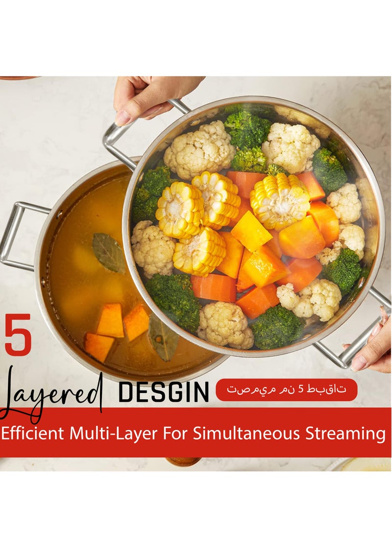Layer Stainless Steel Steamer Pot with strainer basket & lids, Versatile cookware, healthier meals, Foods & vegetables, easy cleanup. Compatible with gas, electric, ceramic & Hot induction - Image 3