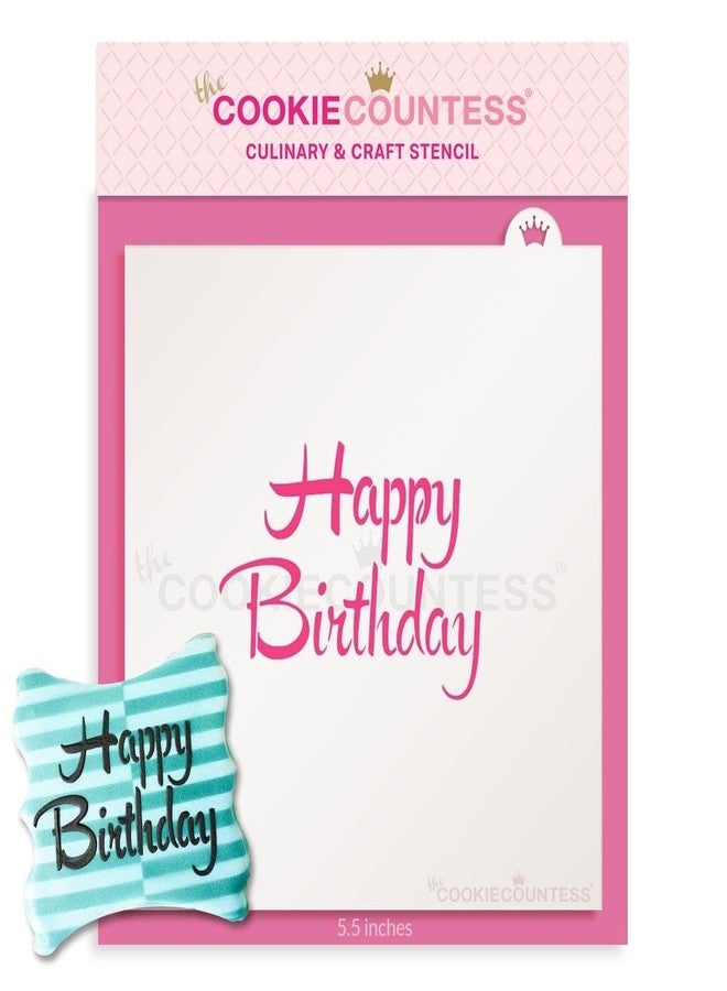 The Cookie Countess Inc The Cookie Countess Brush Script Happy Birthday Stencil - Image 1