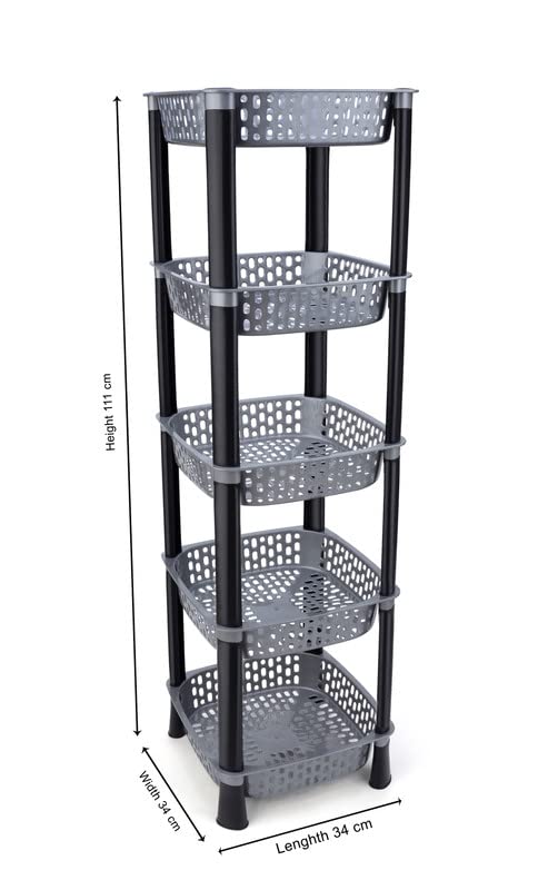 Finner Square 5 Layer Multipurpose Shelf Stand Basket Rack for Kitchen Office Use EasytoMove Slide Out Stand Rack Basket Fruits Vegetables Basket StandGrey - Image 2