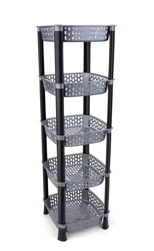 Finner Square 5 Layer Multipurpose Shelf Stand Basket Rack for Kitchen Office Use EasytoMove Slide Out Stand Rack Basket Fruits Vegetables Basket StandGrey - Image 1