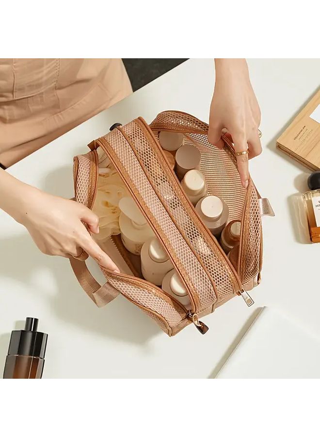 Khaki Small Capacity Transparent Grid Cosmetic Organizer Travel Toiletry Bag With Clear Compartments - Image 2
