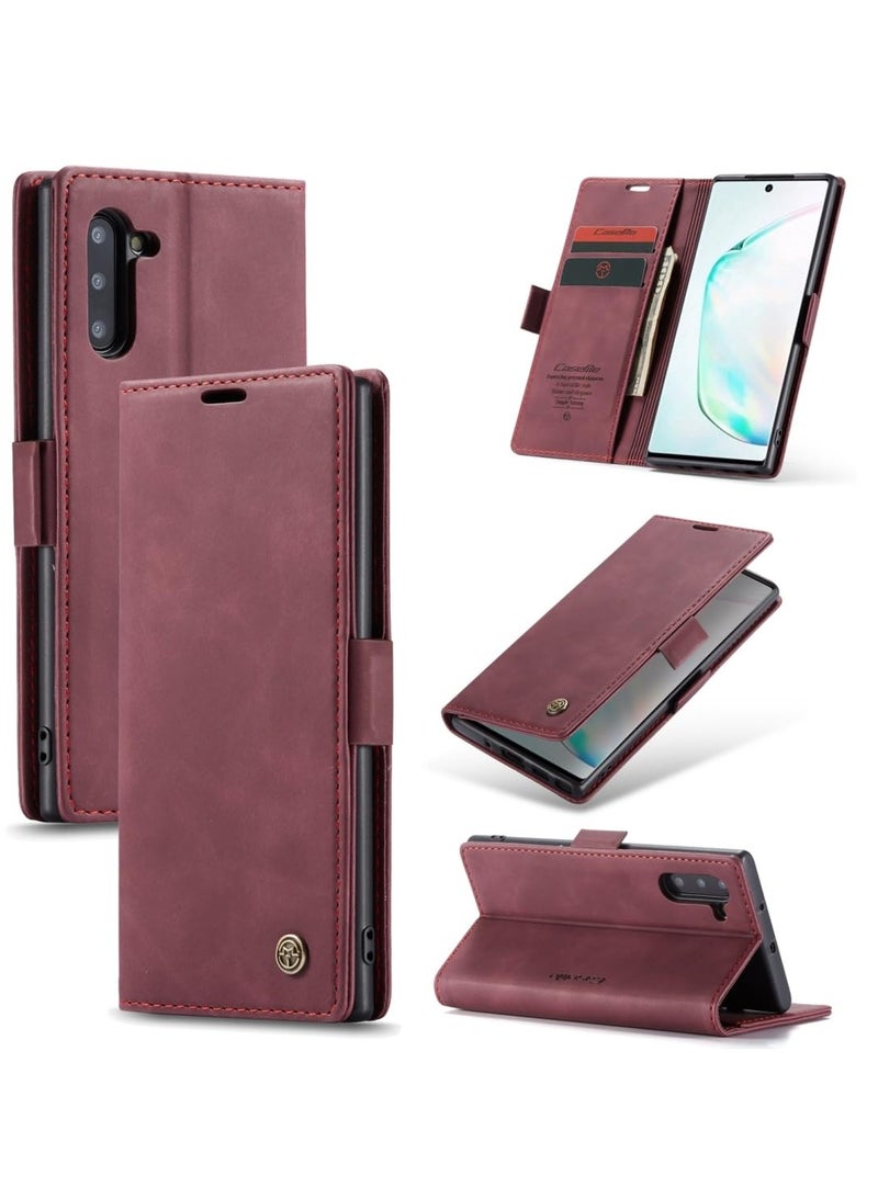 CaseMe Phone Case Luxury PU Leather Design 013 Flip Cover Card Slot Holder Cover For Samsung Galaxy Note 10 (Wine Red) - Image 1